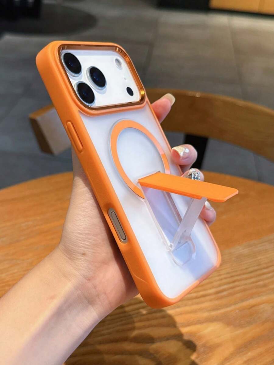 奢华哑光半透明磁性无线充电橙色手机壳带支架，适用于 16 15 14 13 12 11 Pro Max Plus，金属相机环，防震软保险杠硬后盖 - 橘色 - 查看 1