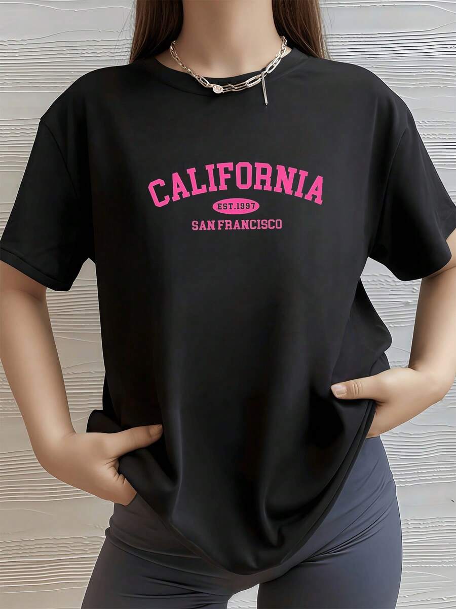 California San Francisco Camisa de T con estampado digital de 220 gramos Estilo universitario 1 unidad de 100% algodón puro Camiseta casual de manga corta para mujer de talla grande - Negro - Ver 1