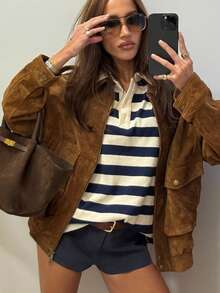 秋冬飞行员夹克女士外套麂皮夹克女士街头服饰假日女士大衣拉链新款大衣 - 咖啡棕 - 查看 2