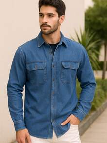 Men's Denim Jacket Long Sleeve Button Down Autumn Spring/Fall Regular Fit Pocket - 淺色水洗藍 - 查看 1