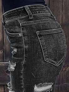 Women's High Waisted Jeans With Holes, Tight Fitting Stretch Jeans, Distressed And Hip Lifting Jeans - 黑色 - 查看 5