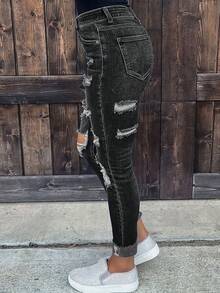 Women's High Waisted Jeans With Holes, Tight Fitting Stretch Jeans, Distressed And Hip Lifting Jeans - 黑色 - 查看 2