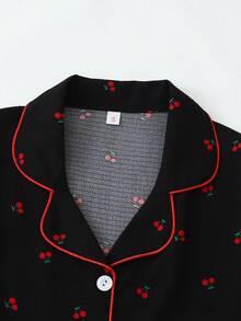 طقم بيجامة مطبوع بالكرز 2 قطعة، ملابس علوية بياقة وأزرار طويل الأكمام وبنطلون، ملابس نوم وملابس منزلية للنساء، مناسب للخريف/الشتاء