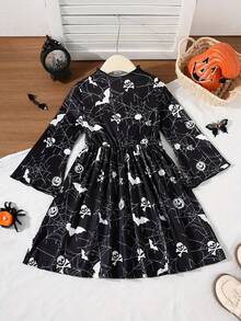 Mädchen Halloween Kleid mit Rüschen-Ärmeln, Stehkragen und Halloween-Grafik-Muster, lässig