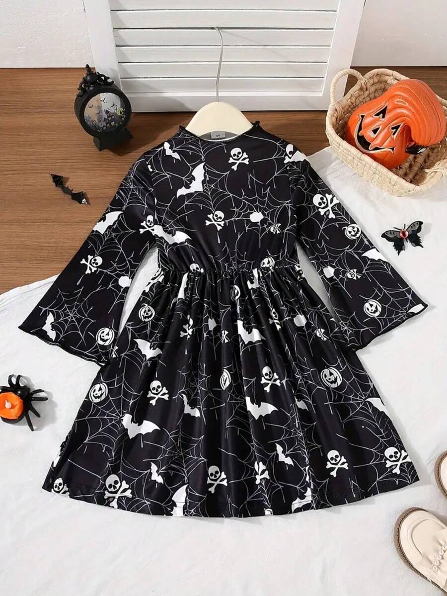 Mädchen Halloween Kleid mit Rüschen-Ärmeln, Stehkragen und Halloween-Grafik-Muster, lässig