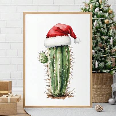 1pc, Canvas Wall Art, Framed Wall Decoration, Christmas Cactus With Santa Hat, Winter Gift Wall Decoration, Santa Claus Cactus, Winter Decoration, Suitable For Room Decoration, Dormitory Decoration, Bedroom Decoration, Bathroom Decoration, Living Room Decoration, Office Decoration, Kitchen Decoration, Dining Room Decoration, Christmas Decoration, Christmas Home Decoration.