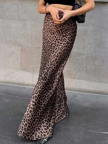 Falda lápiz de talle alto con cremallera y estampado de leopardo en forma de cola de pez Faldas de Mujer - Negro - Ver 3