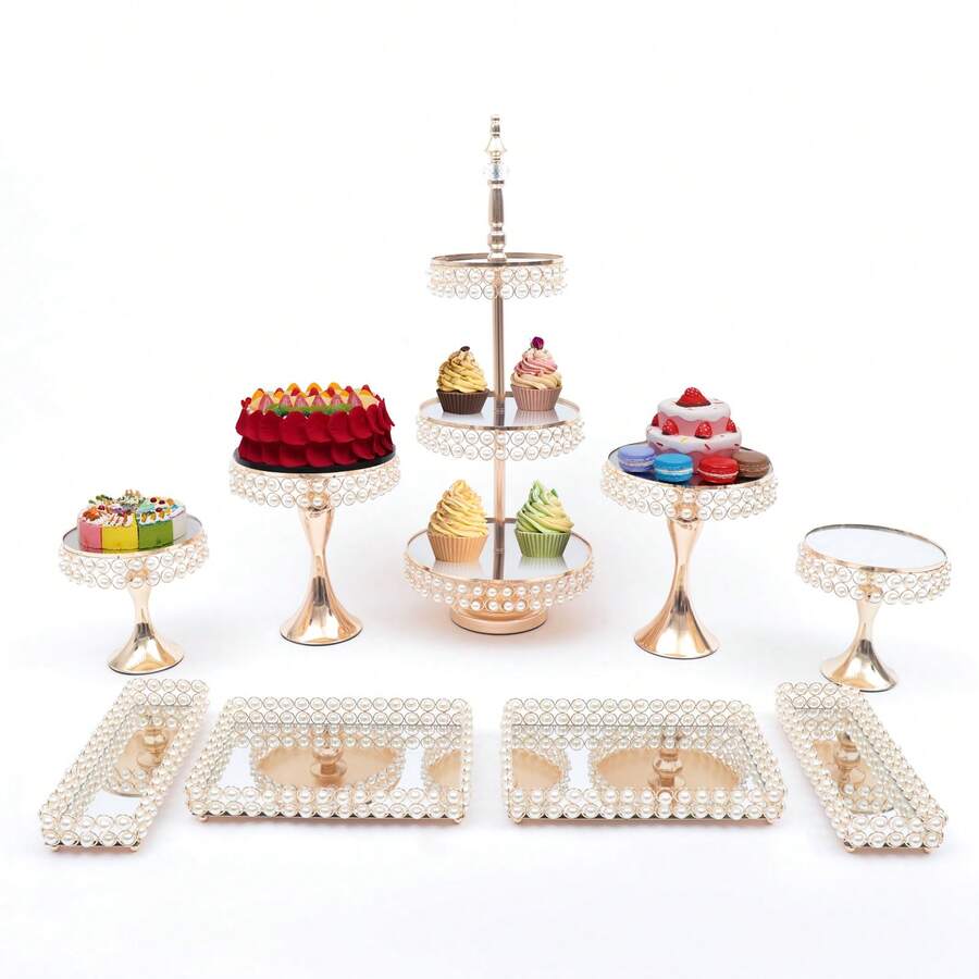 9 Pieces Cake Stand Set, Metal Cake Stand For Party, Gold Cup Cake Stand Holder Set For Dessert, Table Plate Cupcake Round Cake Pedestals Stand Display Serving Tower For Wedding Birthday Party Celebration Home Decoration - Gold - View 1