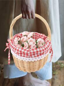 Pink Plaid Removable Lining Wicker Basket, Willow Picnic Baskets, Wedding Gift Baskets, Bridesmaid Baskets, With Removable Lining, Handcrafted Woven Basket For Home Display And Storage, Can Be Used To Store Fruit, Wine, Candy, And Beverages, Suitable For Camping, Party Display, Outdoor Activities, Halloween, Easter, Wedding, New Year's Eve, Birthdays, Garden And Patio Holiday Decorations, Christmas Decrations, Christmas - Ginger - View 3
