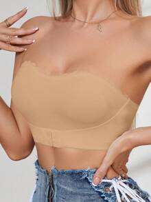 1/2Pcs Front Closure V-Neck Wireless Padded Bra, Front Clasp Gather & Lift Minimalist Bra, Strapless Bra Casual Women's Front Closure Ruched Thread White Bandeau Bra Without Underwire - 駝色 - 查看 2