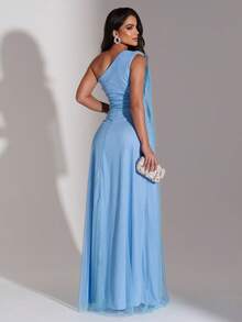 LONG WEDDING PARTY DRESS FOR GODMOTHER IN TULLE WITH FLOWER ON THE SHOULDER - SERENITY BLUE - View 2