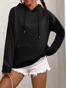 Women's Casual Sports Hoodie With Front Pockets. Machine Washable Casual Sweatshirt For Fall And Winter. Drawstring Cuffs. Everyday Sportswear. - Black - View 6