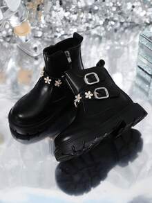 A Pair Of Children's Boots For Boys And Girls, 2025 New Spring And Autumn Style, Fashionable Boots, Stylish Leather Boots, Single Lining Short Boots, Suitable For All Seasons. - 黑色 - 查看 4