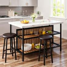 3 Pieces Kitchen Island Set With 2 Bar Stools, Modern & Contemporary Style Dining Room Table And Chairs Set With 2-Tier Storage Shelves, Counter Height Bar Table Set For 2, 3 PCS Kitchen Table Set With 2 Chairs For Kitchen, Dining Room, Restaurant - Đá cẩm thạch trắng - Xem 4