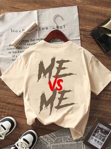 1件青少年男孩“我与我”正能量标语印花短袖T恤，适合夏季穿着的年轻学生服装 - 杏色 - 查看 4
