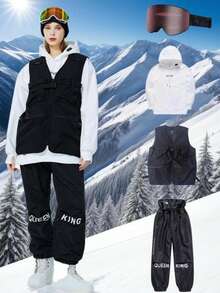 一件装女士滑雪服，滑雪/滑冰背心，男女通用，纯色，户外服装，防风，防水，轻便，保暖，透气，舒适，耐用，适合运动（不含配件） - 黑色 - 查看 5