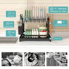 2 Tier Dish Rack Plate Cup Drying Drainer Storage Drip Tray Cutlery Holder Home Kitchen Organizer Carbon Steel - Black - View 6