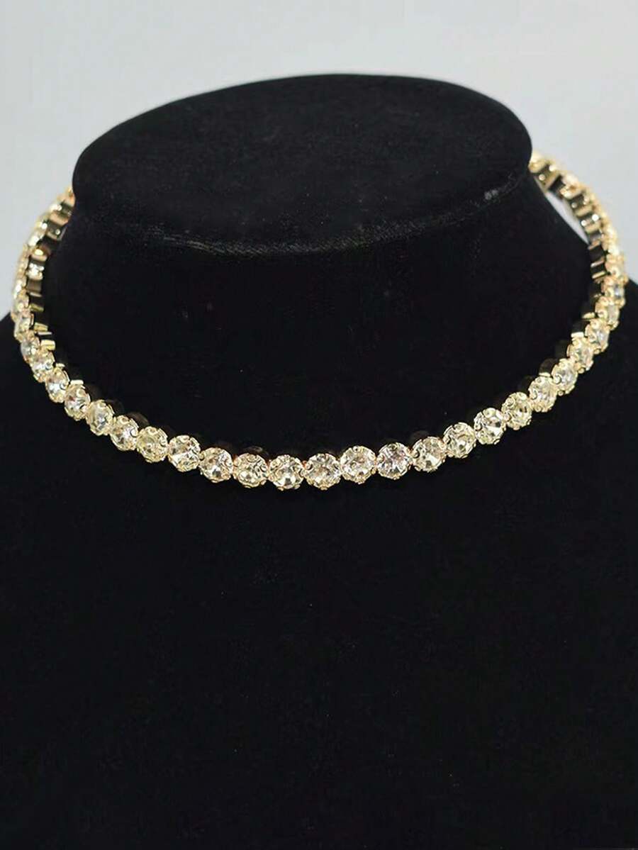 1 pieza Collar de joyería elegante y de lujo con diamantes de imitación para mujeres, adecuado para uso diario, fiestas y citas - Dorado - Ver 1