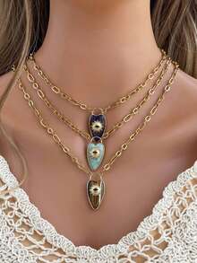 1pc Minimalist Elegant Natural Stone Inlaid Faux Turquoise Titanium Steel Necklace, Boho Style, 18K Gold Plated, Fashionable Women's Jewelry, Suitable For Daily Wear, Vacation, Party, Music Festival, Celebration And Holiday, Delicate And Simple Accessory Gift. (Natural Stone May Have Slight Color Difference.)