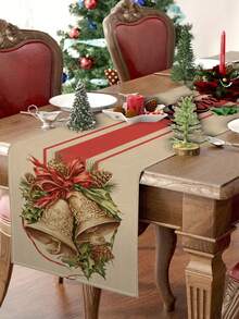 1/10 chiếc khăn trải bàn Giáng sinh, trang trí nơ và chuông, chất liệu vải lanh hiện đại, 33*91cm/33*183cm/33*274cm, đồ trang trí nhà Giáng sinh, đồ dùng tiệc trong nhà và ngoài trời, trang trí chủ đề Giáng sinh, thích hợp cho nhà bếp và tiệc Giáng sinh - Nhiều màu - Xem 2