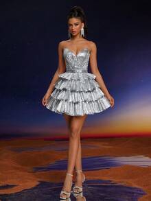 Váy dạ hội thời trang gợi cảm Anymoon, viền nhiều lớp không dây, thích hợp cho các lễ hội âm nhạc, lễ tốt nghiệp, tiệc về quê, tiệc tùng, tiệc cocktail và nhiều hơn nữa - Màu Xám nhạt - Xem 2