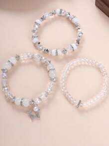 Set de 3 pulseras de mujer de estilo bohemio con cuentas de cristal y cadena de aleación con tono plateado