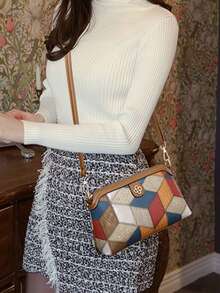 Color-Block Diamond Checkered Pattern Decorated, Retro Style, Fashionable Crossbody Bag, Suitable For Daily Use By Ladies. - Multicolor - View 4