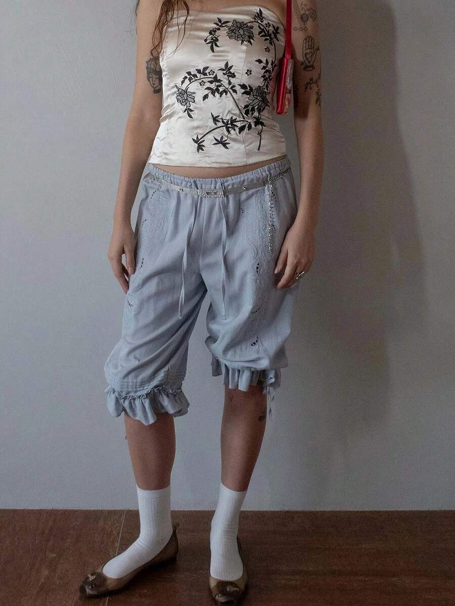 Cropped Pants For Women Ruffle Long Bloomers Flare Lace Trim Pantaloons Vintage Capri Bloomer Pants - Màu xanh lam - Xem 1