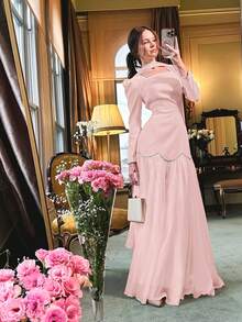 2pcs Set: Elegant Solid Color Square Neck Puff Sleeve Maxi Dress + 1 Scarf, Suitable For Wedding Banquet, All Seasons
