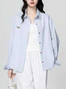 Women's Casual Woven Dolman Shirt, Collared, Button Front - Baby Blue - View 1