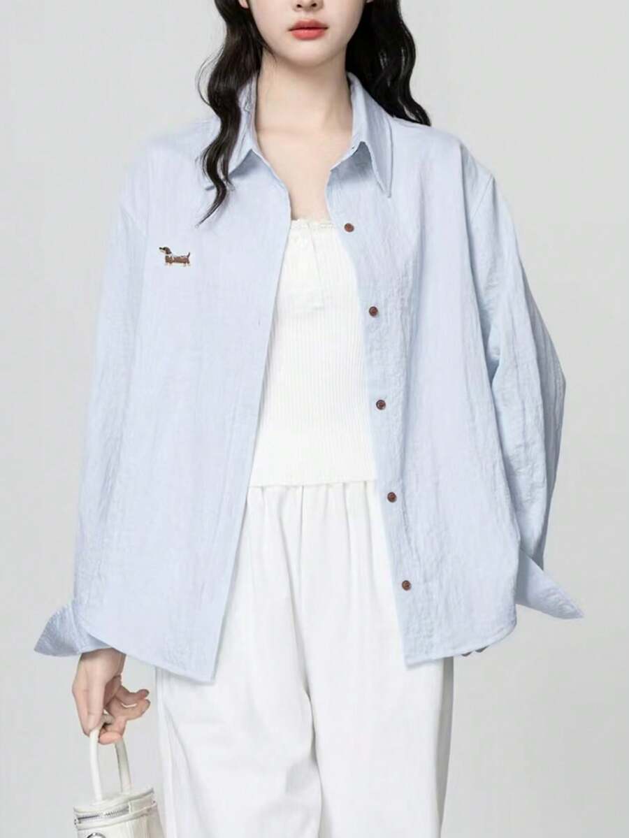 Women's Casual Woven Dolman Shirt, Collared, Button Front - Baby Blue - View 1