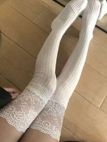 1 Pair Women White Contrast Lace Over-The-Knee Socks, Comfortable & Versatile For Daily Wear - trắng - Xem 1