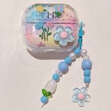 适用于三星 Galaxy Buds2 Pro/3 Pro 蓝牙耳机保护套，适用于三星 Galaxy Buds2/3/Live/FE/Pro 蓝牙耳机保护套，3D 立体蓝色花卉小众可爱创意透明软壳防摔少女软壳 + 吊坠 - 藍花朵 - 查看 4