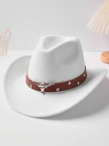 1pc Unisex Polyester Western Cowboy Hat, A Retro-Style Hat Suitable For Both Men And Women, With A Brown Belt And Bull Head Chain, Perfect For Casual Wear And Western Cowboy Parties - Brown Leather Bull Head Round Rivet Hat - View 6