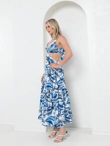 Dress With Elastane At The Back, You Can Tie It At The Back With A Print - Blue and White - View 5