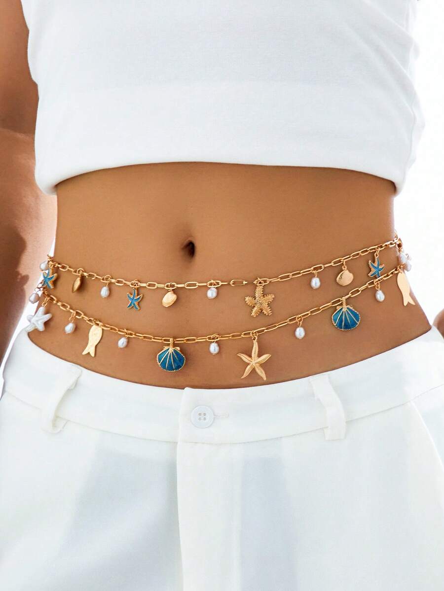 1 mặt dây chuyền hình sao biển và vỏ sò bằng kim loại phong cách đại dương, phù hợp với trang phục thường ngày và ngày lễ của phụ nữ - Màu xanh lam - Xem 1