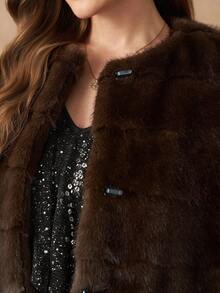 女士优雅短款人造毛皮斗篷大衣，纯色，秋冬 - 棕色 - 查看 8