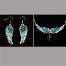3pcs Angel Wing Pendant Necklace And Earring Jewelry Set, Inlaid Artificial Faux Gemstone Pendant, A Necklace Set Suitable For Parties And Gifts - Màu xanh lam - Xem 4