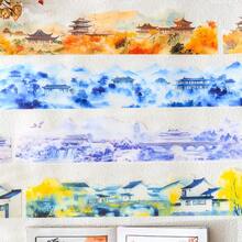 1 pieza Serie de humo y lluvia de una ciudad, tema de rima antigua de estilo nacional, cinta en caja de material PET, material de scrapbook, manualidades DIY, útiles escolares