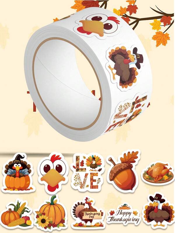 500Pcs/Roll Happy Thanksgiving Day Stickers Fall Pumpkin Turkey Grateful Autumn Cartoon Cute Design DIY Gift Wrap Sealing Labels Decals For Holiday Party Goodie Bags Gift Cards Envelopes Box Decorations For Kids Teens Adults Home