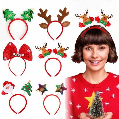 6 Pcs Christmas Headbands, Christmas Elves Headbands, Reindeer Antlers Headbands For Stocking Filler, Fancy Dress, Novelty Xmas Head Boppers, Party Dress Up Accessories