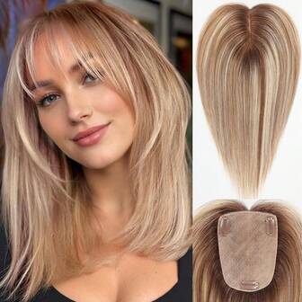 Human Hair Toppers 4*5.5 Inch Top Skin Base Comfortable And Soft Highlights Blonde Color Silk Base Human Hair Topper For Women Cover Grey Roots