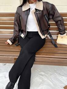 DEEKA 秋冬新款女式仿皮毛内衬机车夹克短外套