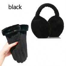 1 Set Women's Winter Touchscreen Warm Gloves / Unisex Winter Earmuffs, Made Of Comfortable Solid Color Plush Material, Thickened Beige Fur-Trimmed Gloves, Non-Elastic Cold-Proof Gloves For Outdoor Activities And Daily Use, Comfortable Design, Thermal Lined, Casual Style - Multicolor - View 6