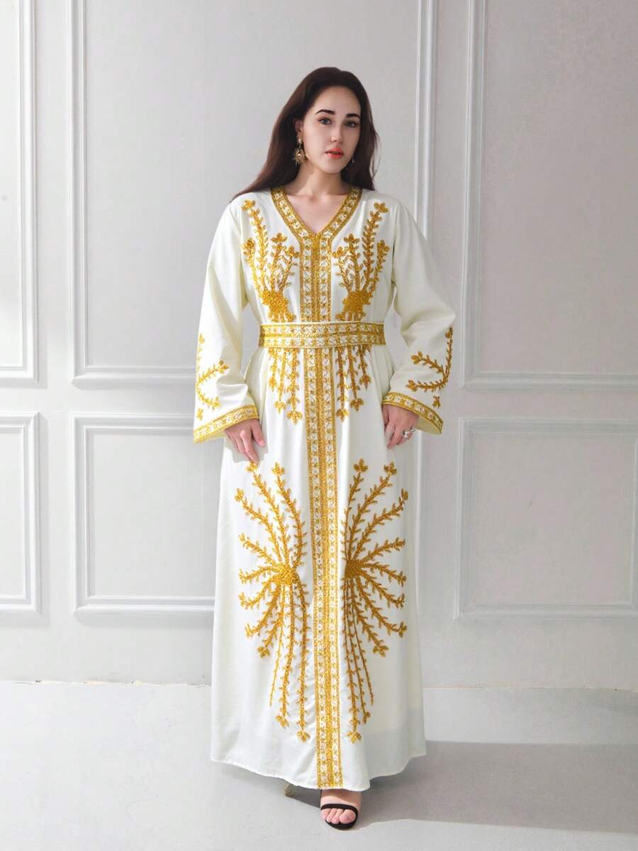 JINLICX 大码女式亮片喇叭袖优雅阿拉伯风格长裙