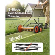 Push Reel Lawn Mower 18 Inch, 5 Blades Manual Push Mower No Motor, 1.37-2.44 In Adjustable Cutting Height, Walk-Behind Lawn Mowers With Grass Catcher Bag For Green Lawns, Driveways, Courtyards