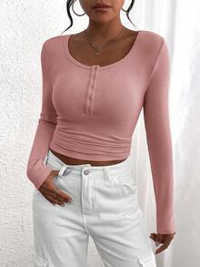 Women's Autumn Long-Sleeved Henry Shirt T-Shirt Button Ribbed Knit Fashion Tight Basic Top Shirt - Xám hồng - Xem 1