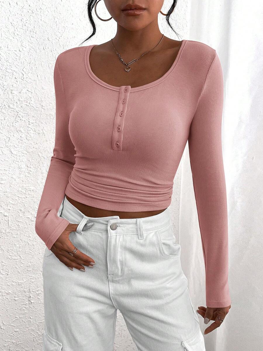 Women's Autumn Long-Sleeved Henry Shirt T-Shirt Button Ribbed Knit Fashion Tight Basic Top Shirt - Xám hồng - Xem 1