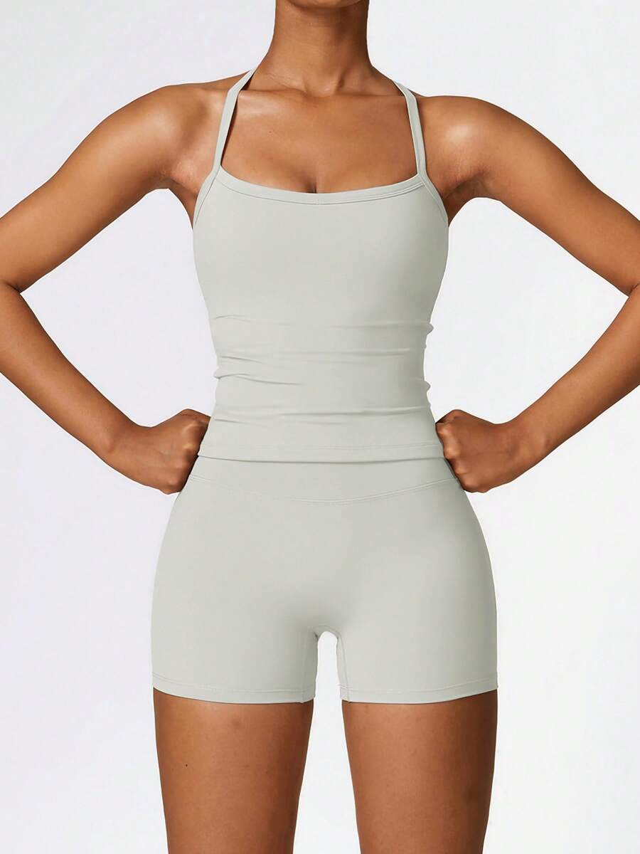 2 PCS Set Women's Sports Suit Vest Fitness Suit Tight Running Vest And Shorts Set High Stretch Fitness Yoga Top Tank Home Casual Comfortable Skin Friendly Suit - 灰色 - 查看 1