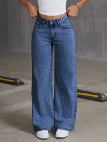 Teen Girl's Loose Fitting Butterfly Print Denim Wide-Leg Pants, Versatile - Dark Wash - View 2